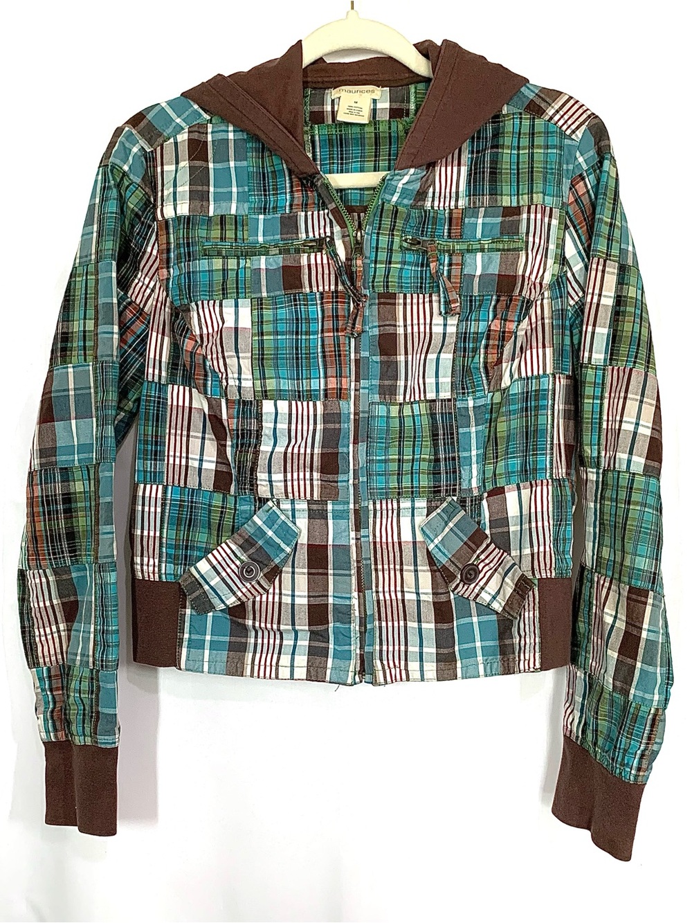 Plaid Vintage Hooded Zip Jacket in Teal, Brown & White Woman’s Medium